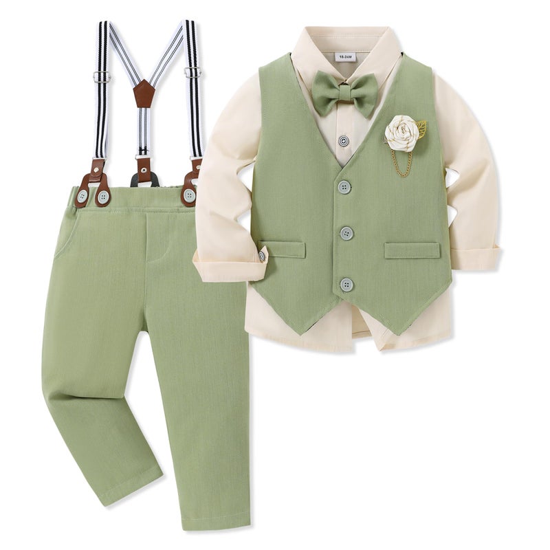 WESIDOM Toddler Boy Clothes Suit Formal Dress Shirt+Bowtie+Vest+Boutonniere+Suspender Pants Boys Gentleman Outfits Set - Image 1
