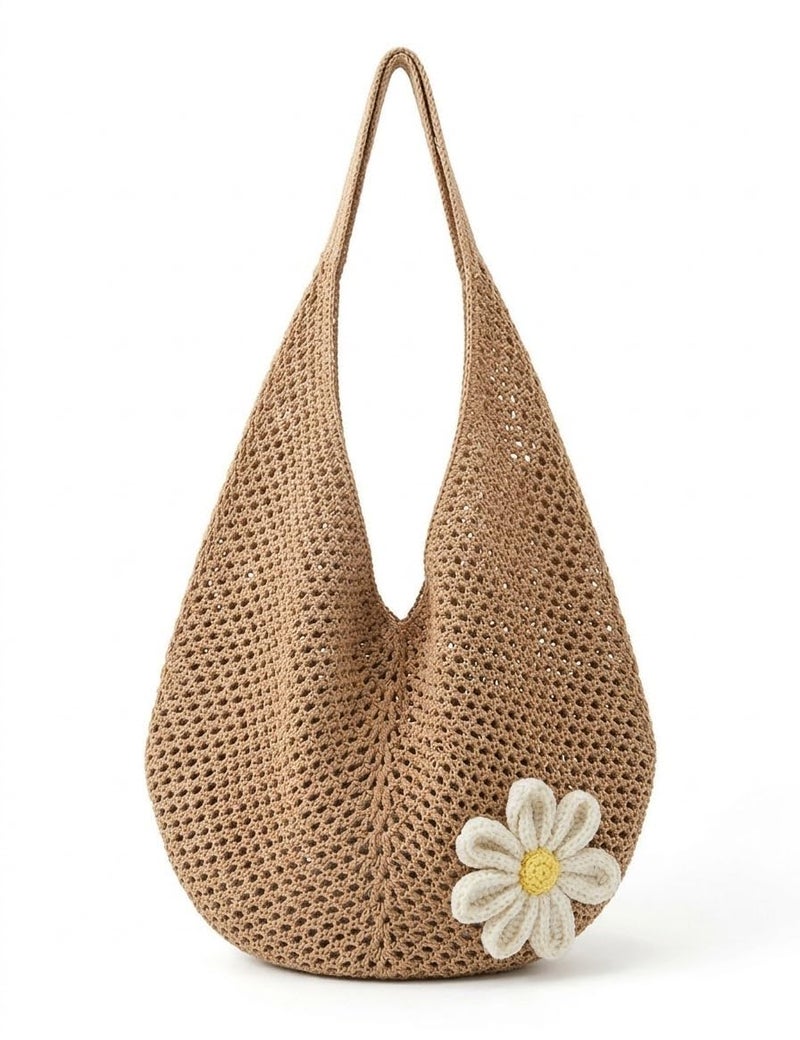 Flower Woven Handbag - Hollow Beach Bag Multifunctional Storage Bag Beach Supplies Shopping Bag Fashion Summer Vacation (Tan)