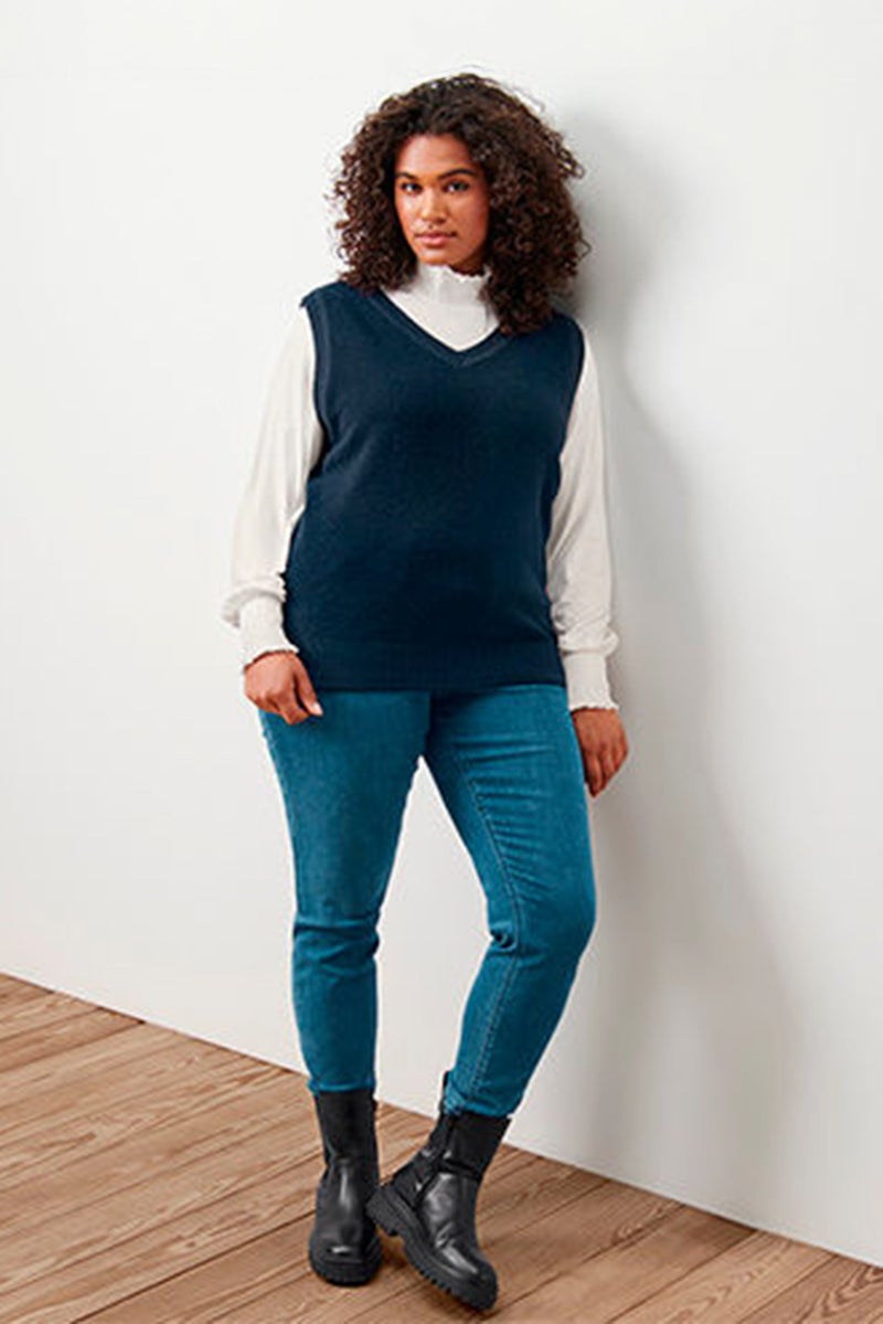 Tchibo Women V-Neck Sleeveless Textured Vest, Navy - Image 1