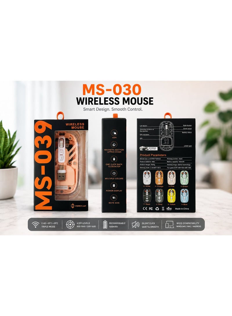 بور لاب  ماوس لاسلكي MS-039، شفاف، قابل لإعادة الشحن، وضع مزدوج 2.4 جيجا و بلوتوث، USB-C/USB - Image 2
