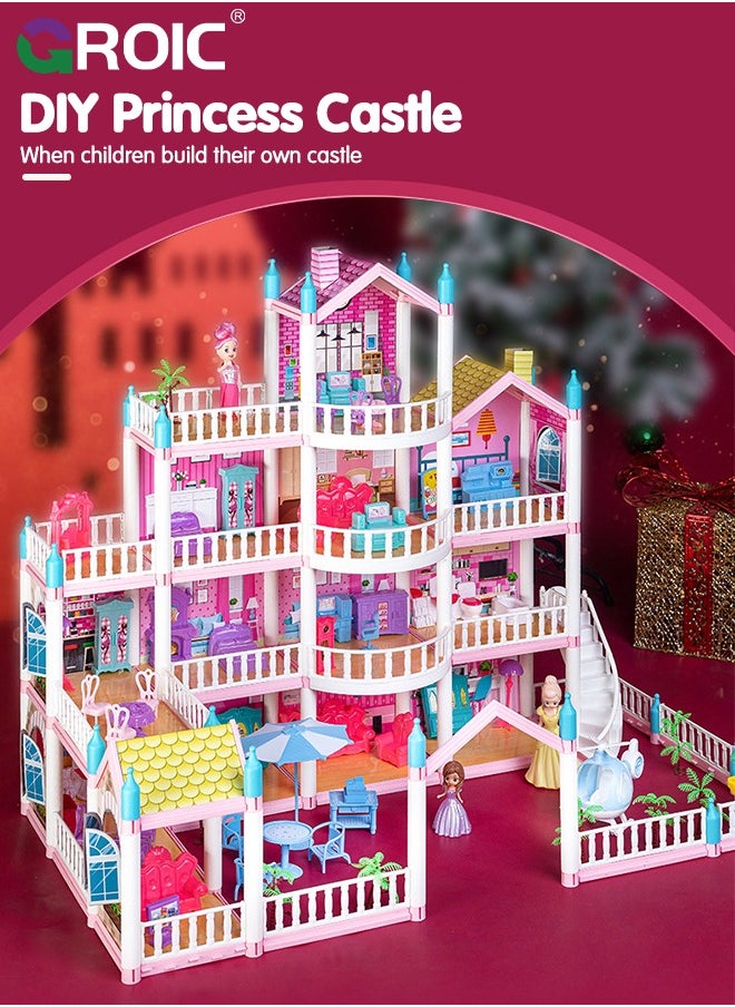 GROIC - Dollhouse Doll House Toys, 4 Storeys 14 Rooms 3 Balcony, Large Dreamhouse Pretend Play Building Playset with 14 Rooms, Courtyard, Led Light & Slide, Dollhouse Asseccories and Furniture - Image 1