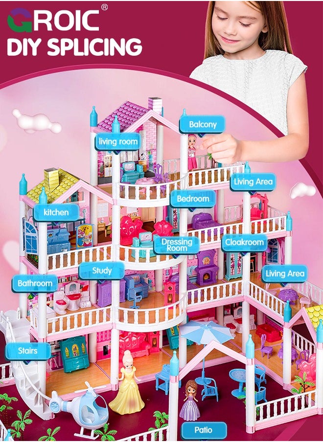 GROIC - Dollhouse Doll House Toys, 4 Storeys 14 Rooms 3 Balcony, Large Dreamhouse Pretend Play Building Playset with 14 Rooms, Courtyard, Led Light & Slide, Dollhouse Asseccories and Furniture - Image 1