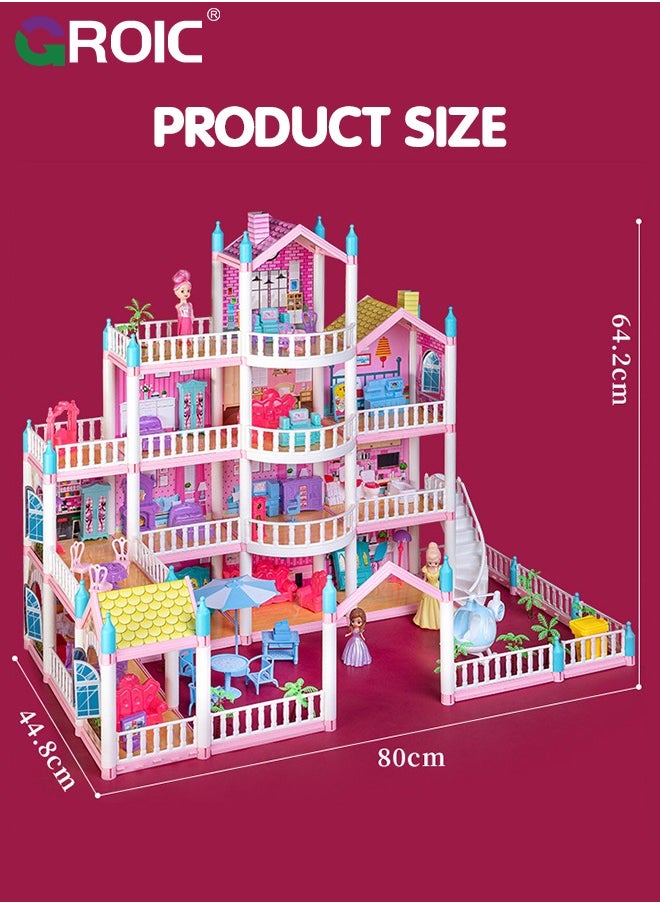 GROIC - Dollhouse Doll House Toys, 4 Storeys 14 Rooms 3 Balcony, Large Dreamhouse Pretend Play Building Playset with 14 Rooms, Courtyard, Led Light & Slide, Dollhouse Asseccories and Furniture - Image 1