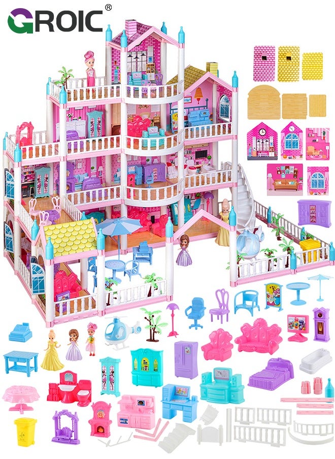 GROIC - Dollhouse Doll House Toys, 4 Storeys 14 Rooms 3 Balcony, Large Dreamhouse Pretend Play Building Playset with 14 Rooms, Courtyard, Led Light & Slide, Dollhouse Asseccories and Furniture - Image 1