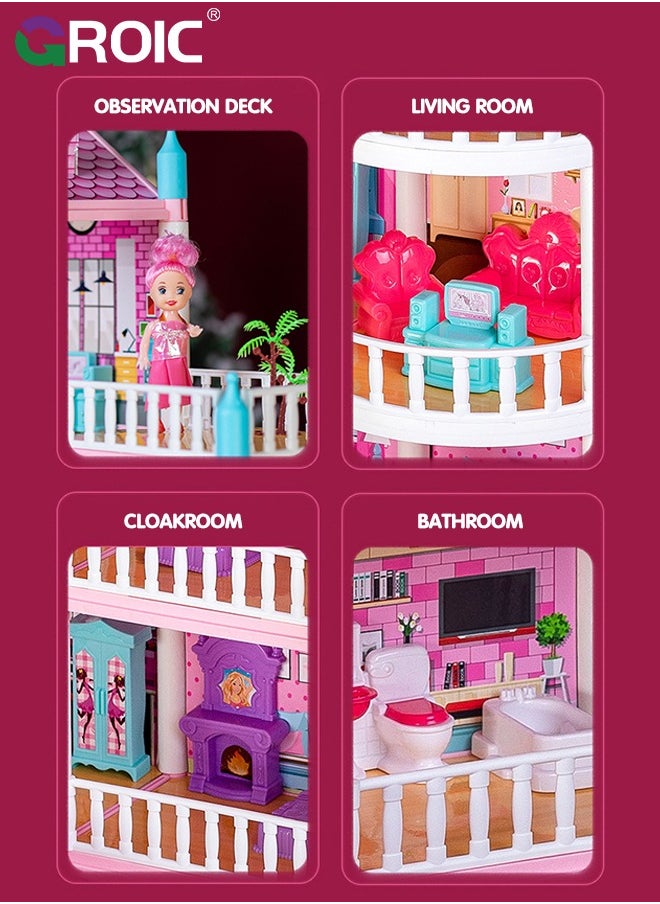 GROIC - Dollhouse Doll House Toys, 4 Storeys 14 Rooms 3 Balcony, Large Dreamhouse Pretend Play Building Playset with 14 Rooms, Courtyard, Led Light & Slide, Dollhouse Asseccories and Furniture - Image 1