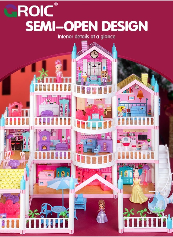GROIC - Dollhouse Doll House Toys, 4 Storeys 14 Rooms 3 Balcony, Large Dreamhouse Pretend Play Building Playset with 14 Rooms, Courtyard, Led Light & Slide, Dollhouse Asseccories and Furniture - Image 1