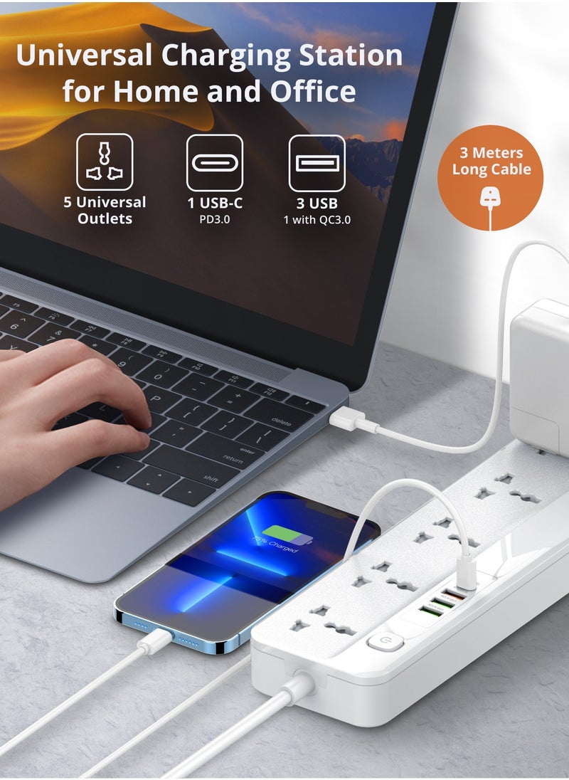 بيجانت سلك تمديد طاقة 5 طرق مع USB ، 1x 20 واط USB-C PD ، 3 منافذ شحن سريع USB-A QC ، 5x مآخذ توصيل كهربائية عالمية ، شريط واقي تصاعد شحن متعدد التوصيل ، منظم كابل 3M  - Image 2
