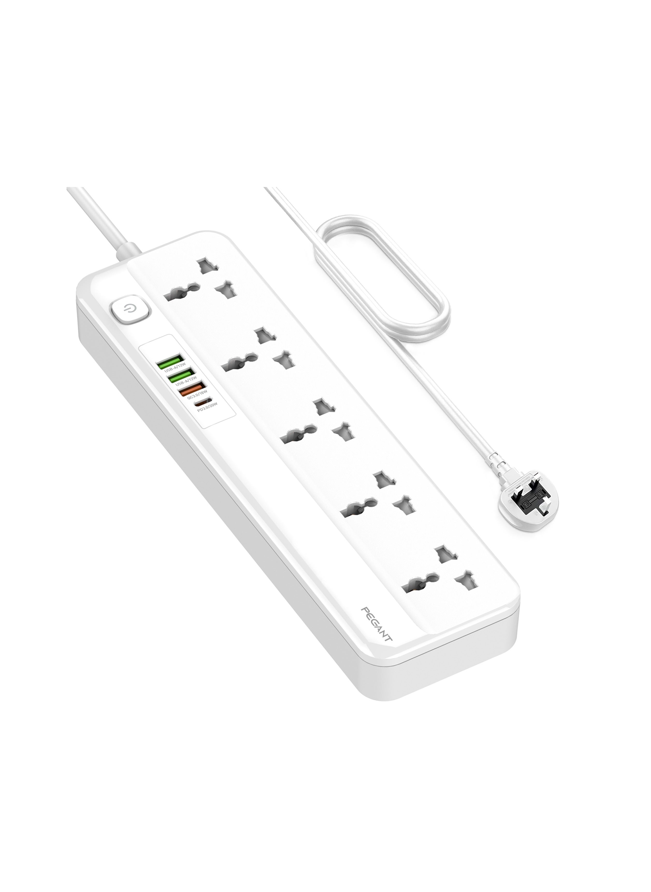 بيجانت سلك تمديد طاقة 5 طرق مع USB ، 1x 20 واط USB-C PD ، 3 منافذ شحن سريع USB-A QC ، 5x مآخذ توصيل كهربائية عالمية ، شريط واقي تصاعد شحن متعدد التوصيل ، منظم كابل 3M 
