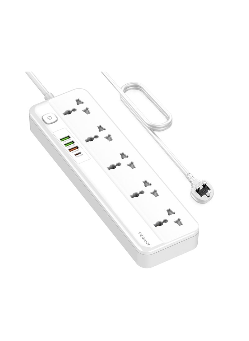 بيجانت سلك تمديد طاقة 5 طرق مع USB ، 1x 20 واط USB-C PD ، 3 منافذ شحن سريع USB-A QC ، 5x مآخذ توصيل كهربائية عالمية ، شريط واقي تصاعد شحن متعدد التوصيل ، منظم كابل 3M  - Image 1