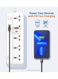 بيجانت سلك تمديد طاقة 5 طرق مع USB ، 1x 20 واط USB-C PD ، 3 منافذ شحن سريع USB-A QC ، 5x مآخذ توصيل كهربائية عالمية ، شريط واقي تصاعد شحن متعدد التوصيل ، منظم كابل 3M  - Image 3