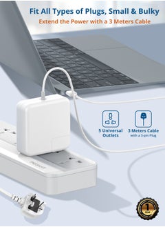 بيجانت سلك تمديد طاقة 5 طرق مع USB ، 1x 20 واط USB-C PD ، 3 منافذ شحن سريع USB-A QC ، 5x مآخذ توصيل كهربائية عالمية ، شريط واقي تصاعد شحن متعدد التوصيل ، منظم كابل 3M  - Image 5