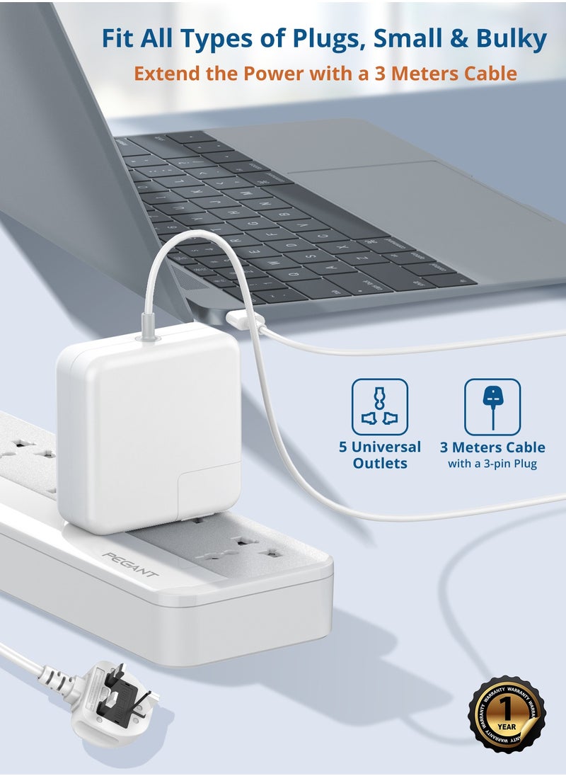 بيجانت سلك تمديد طاقة 5 طرق مع USB ، 1x 20 واط USB-C PD ، 3 منافذ شحن سريع USB-A QC ، 5x مآخذ توصيل كهربائية عالمية ، شريط واقي تصاعد شحن متعدد التوصيل ، منظم كابل 3M  - Image 5