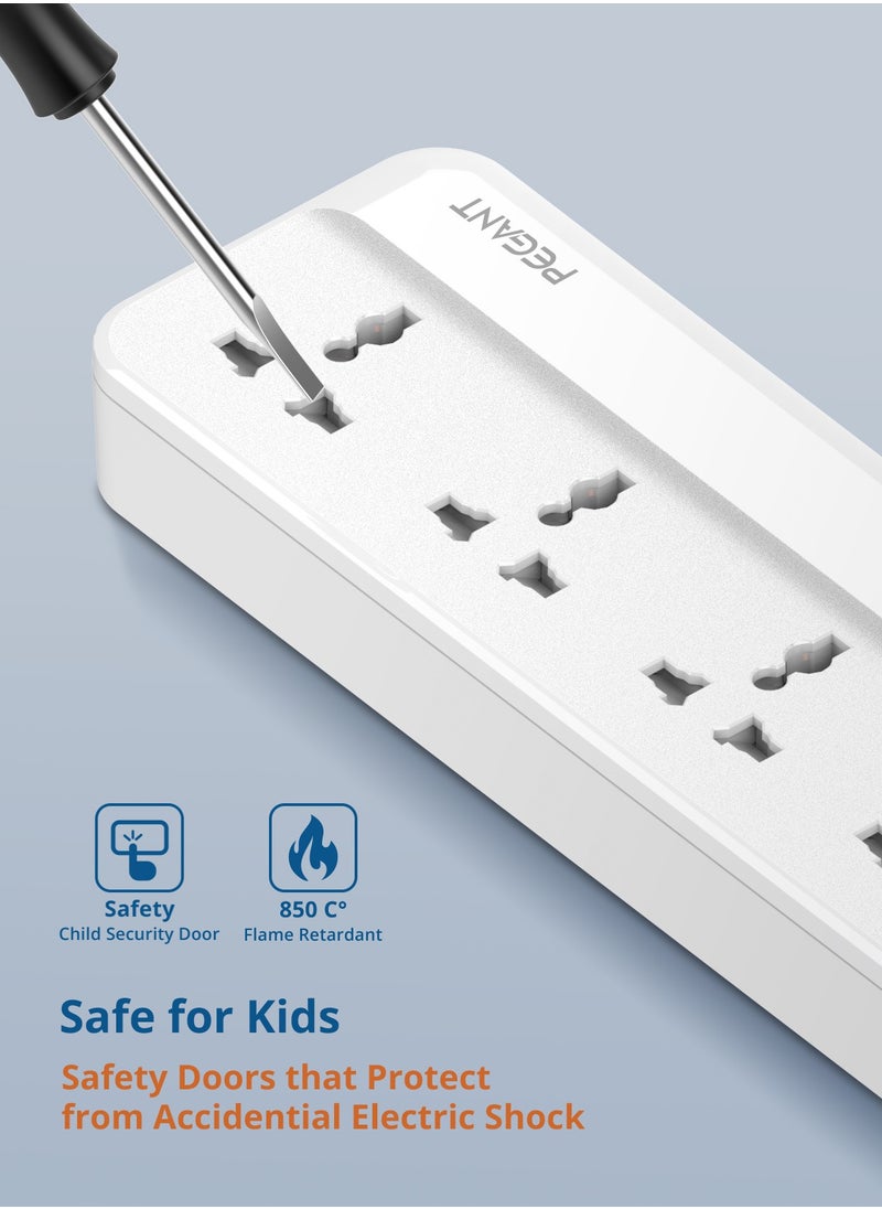 بيجانت - سلك تمديد طاقة 5 طرق مع USB ، 1x 20 واط USB-C PD ، 3 منافذ شحن سريع USB-A QC ، 5x مآخذ توصيل كهربائية عالمية ، شريط واقي تصاعد شحن متعدد التوصيل ، منظم كابل 3M - Image 1
