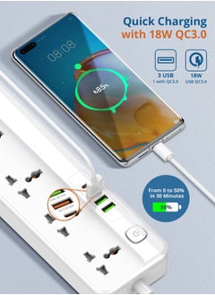 بيجانت سلك تمديد طاقة 5 طرق مع USB ، 1x 20 واط USB-C PD ، 3 منافذ شحن سريع USB-A QC ، 5x مآخذ توصيل كهربائية عالمية ، شريط واقي تصاعد شحن متعدد التوصيل ، منظم كابل 3M  - Image 4