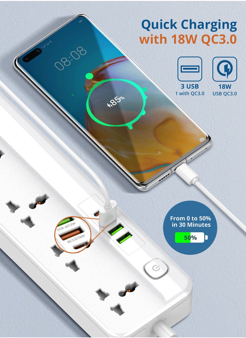 بيجانت سلك تمديد طاقة 5 طرق مع USB ، 1x 20 واط USB-C PD ، 3 منافذ شحن سريع USB-A QC ، 5x مآخذ توصيل كهربائية عالمية ، شريط واقي تصاعد شحن متعدد التوصيل ، منظم كابل 3M  - Image 4