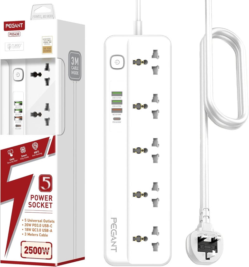 PEGANT 5 Way Power Extension Cord with USB Ports - Image 1