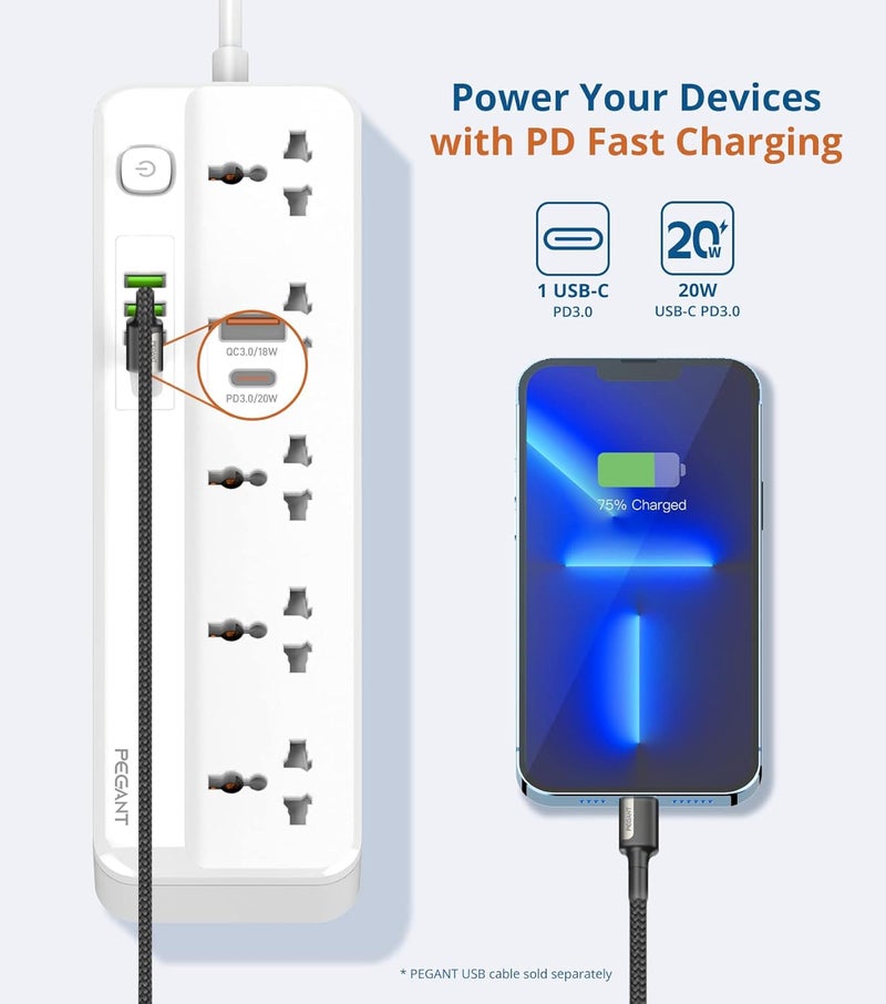 PEGANT 5 Way Power Extension Cord with USB Ports - Image 3