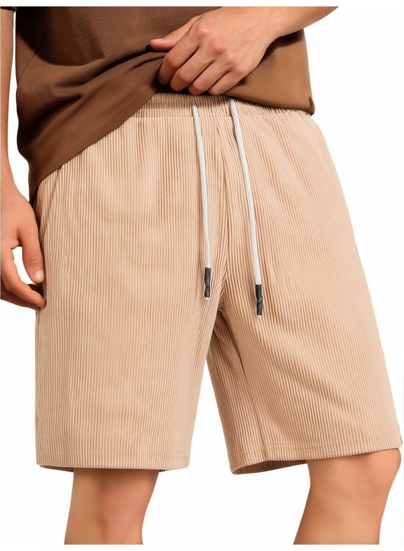 Men's Casual Corduroy Shorts Khaki Wide Leg Elastic Waist with Drawstring Summer Lounge Shorts For Men - Image 1