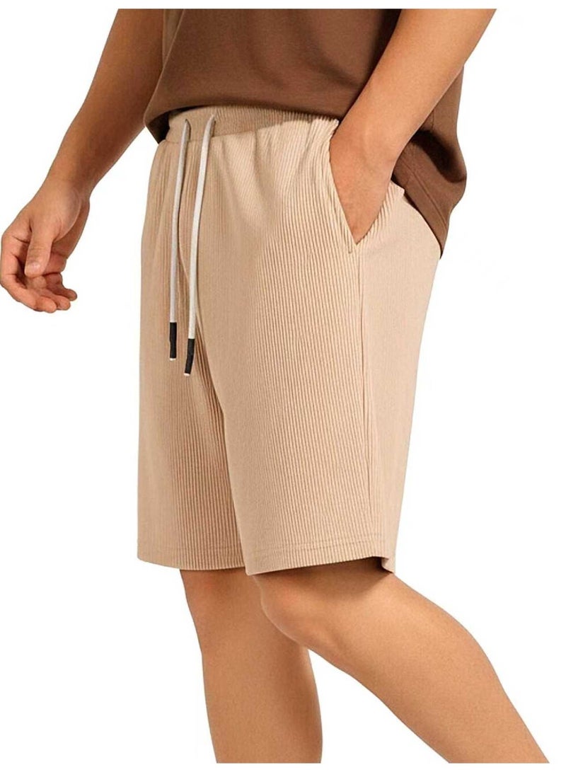 Men's Casual Corduroy Shorts Khaki Wide Leg Elastic Waist with Drawstring Summer Lounge Shorts For Men - Image 3