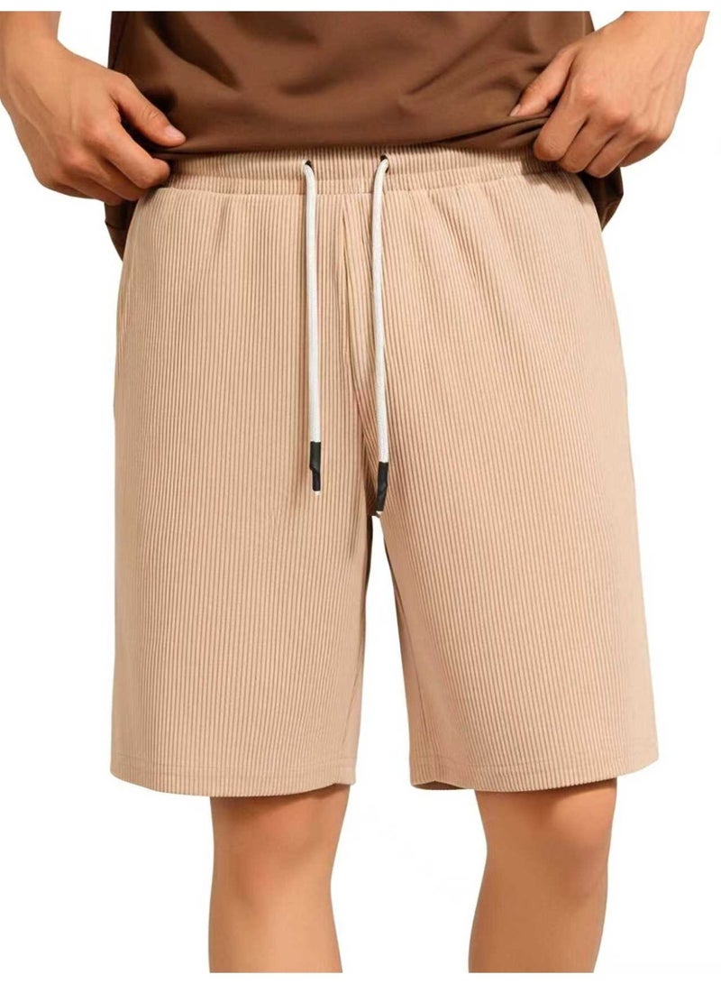 Men's Casual Corduroy Shorts Khaki Wide Leg Elastic Waist with Drawstring Summer Lounge Shorts For Men - Image 2