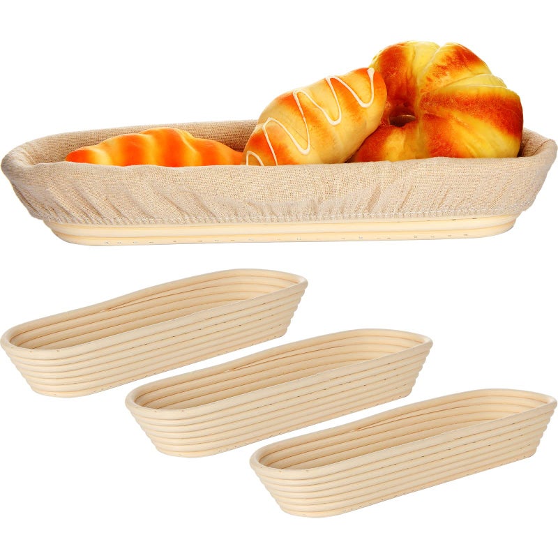 4 Pieces 138 Inch Banneton Bread Proofing Basket Oval Long Bread Proofing Basket Banneton Basket Dough Proofing Basket with Liners and Scatters for Home Sourdough Bread Baking