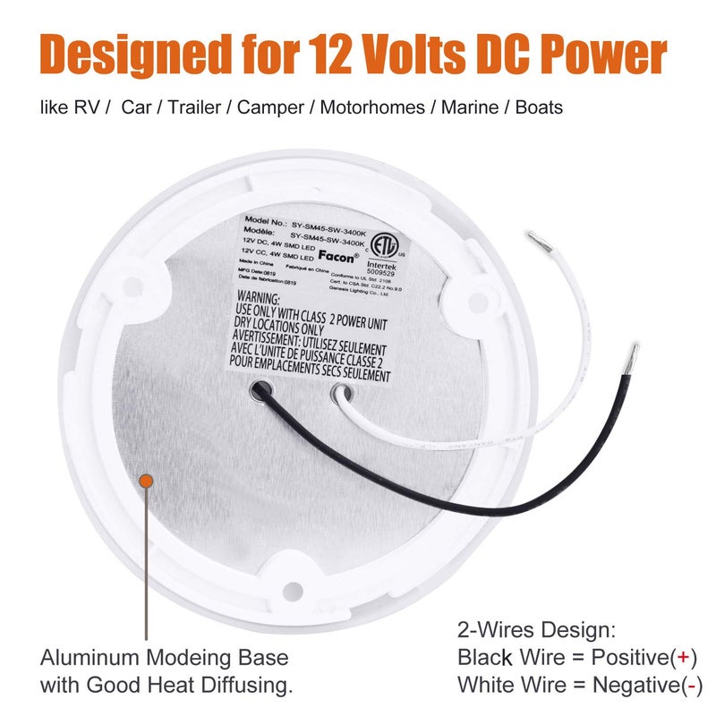 FACON فكون 2-باك أضواء باك 4.5 بوصة 12 فولت RV مع مفتاح، SY-SM45 3400K ضوء LED أبيض دافئ للداخلية للمركبات، فانات التخييم، القوارب، تركيبة ضوء قبة 12 فولت – معتمدة من cETL القطر: 4.5 بوصة، 2 باك 3400K ضوء أبيض دافئ - Image 5