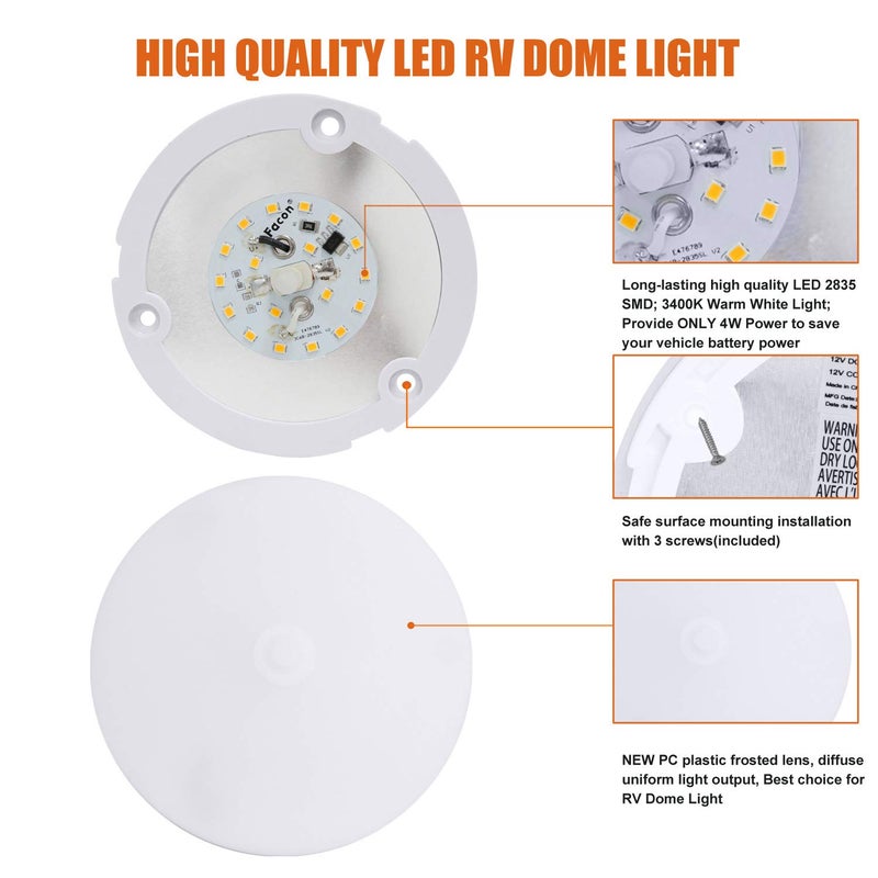 FACON فكون 2-باك أضواء باك 4.5 بوصة 12 فولت RV مع مفتاح، SY-SM45 3400K ضوء LED أبيض دافئ للداخلية للمركبات، فانات التخييم، القوارب، تركيبة ضوء قبة 12 فولت – معتمدة من cETL القطر: 4.5 بوصة، 2 باك 3400K ضوء أبيض دافئ - Image 4