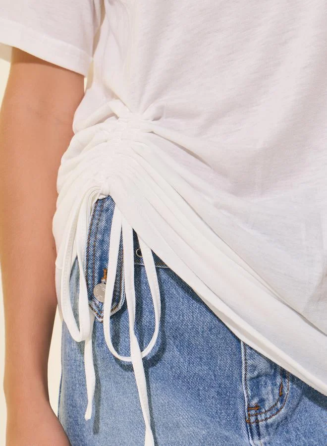 Take Two Women White Oversized Round Neck T-Shirt with Drawstring Detail
