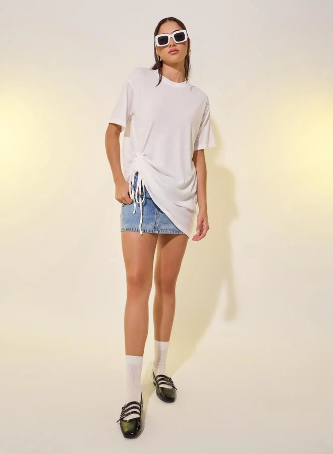 Take Two Women White Oversized Round Neck T-Shirt with Drawstring Detail