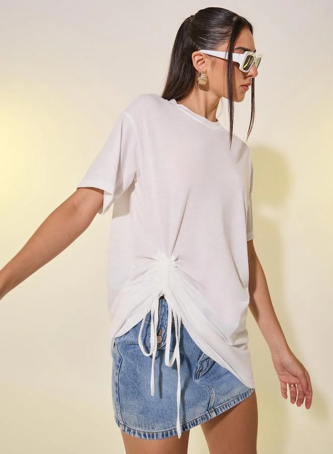Take Two Women White Oversized Round Neck T-Shirt with Drawstring Detail
