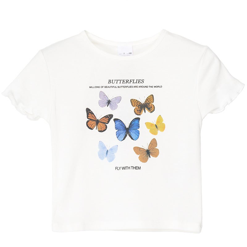 2023 new online red super popular bm elegant style cropped Hong Kong style top butterfly short sleeve t-shirt womens T-shirt 301 * White 