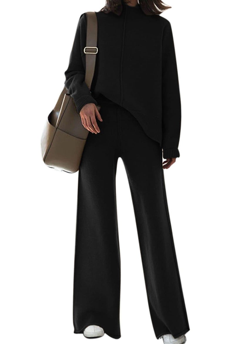 Fixmatti Womens Knit Tracksuit High Neck Sweater Jumper Matching Wide Leg Long Pant Casual Pajamas Lounge Sets for Women Black S - Image 1