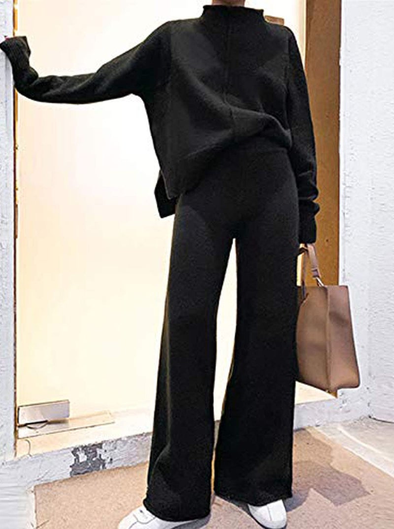 Fixmatti Womens Knit Tracksuit High Neck Sweater Jumper Matching Wide Leg Long Pant Casual Pajamas Lounge Sets for Women Black S - Image 3