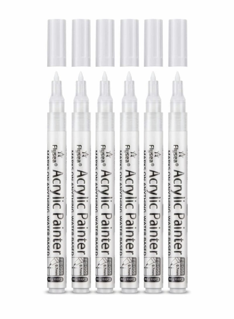 SYOSI أقلام طلاء بيضاء مكونة من 6 قطع، قلم تحديد دائم أبيض أكريليك 0.7 مم، أقلام طلاء بيضاء لطلاء الصخور والحجر والسيراميك والزجاج والخشب والبلاستيك والزجاج المعدني والقماش المائي ذو نقطة دقيقة للغاية - Image 1