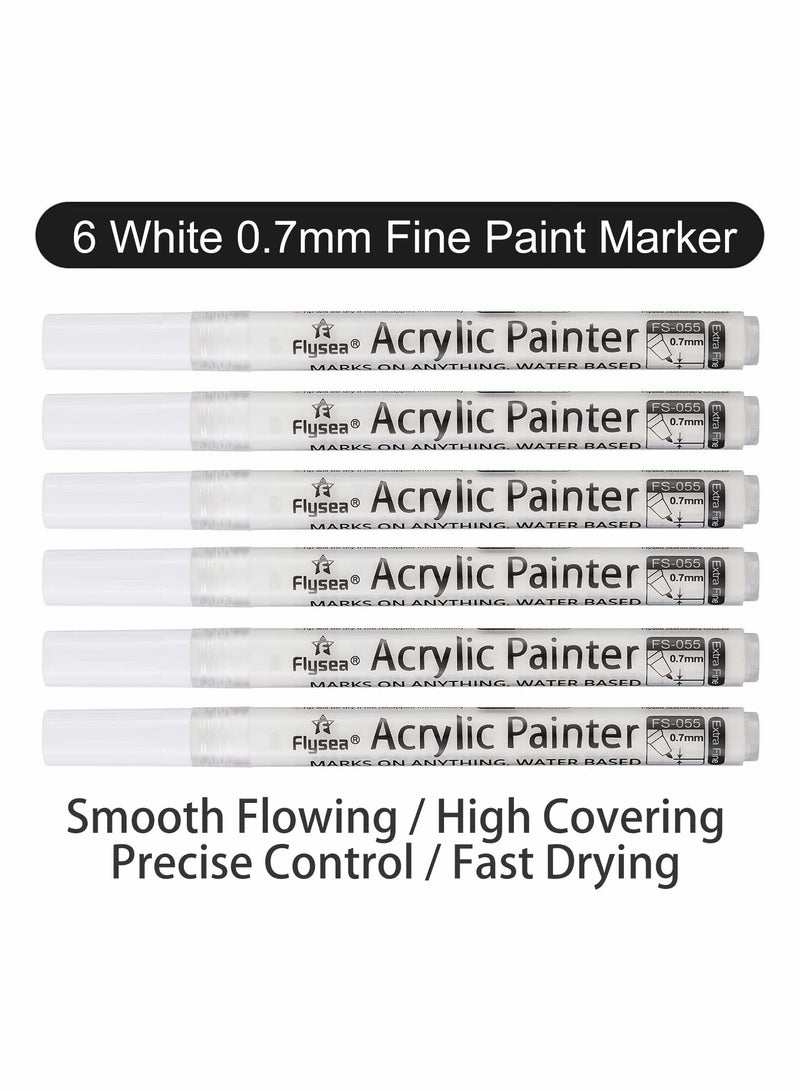 SYOSI أقلام طلاء بيضاء مكونة من 6 قطع، قلم تحديد دائم أبيض أكريليك 0.7 مم، أقلام طلاء بيضاء لطلاء الصخور والحجر والسيراميك والزجاج والخشب والبلاستيك والزجاج المعدني والقماش المائي ذو نقطة دقيقة للغاية - Image 4