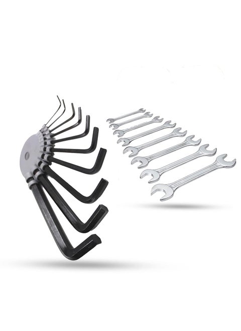 Hillgrove HGCM575M1 10 Pieces Full Hex Allen Key Kit with 10Pcs Double Open End Wrench Spanner Goti Wrench L Shape Repair Tool Set for BikeBicycleCycleGuitar Allen Key Set