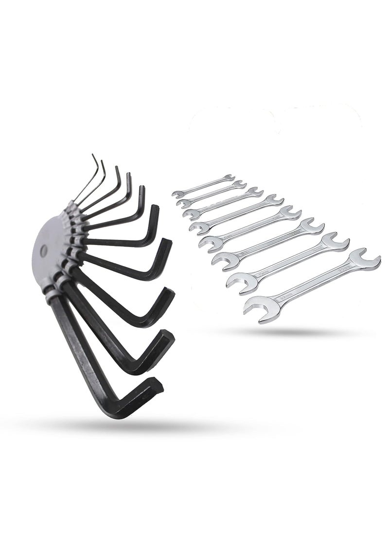 Hillgrove Hillgrove HGCM575M1 10 Pieces Full Hex Allen Key Kit with 10Pcs Double Open End Wrench Spanner Goti Wrench L Shape Repair Tool Set for BikeBicycleCycleGuitar Allen Key Set  - Image 1