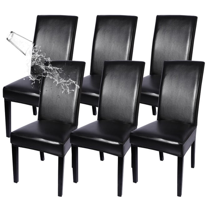 WATERPROOF PU LEATHER DINING CHAIR COVERS SET OF 6 STRETCH OILPROOF PARSONS CHAIR SLIPCOVERS REMOVABLE WASHABLE KITCHEN CHAIR PROTECTOR FOR DINING ROOM BLACK