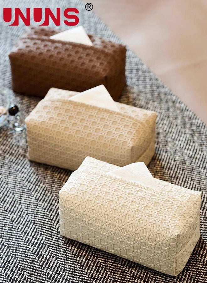 UNUNS Tissue Holder,3pcs Leather Tissue Box,Luxury Rattan-Textured Tissue Box,Tissue Storage Box Simple Creative,Suitable for Living Room,Bedroom and Car(White,Brown,Beige) - Image 1