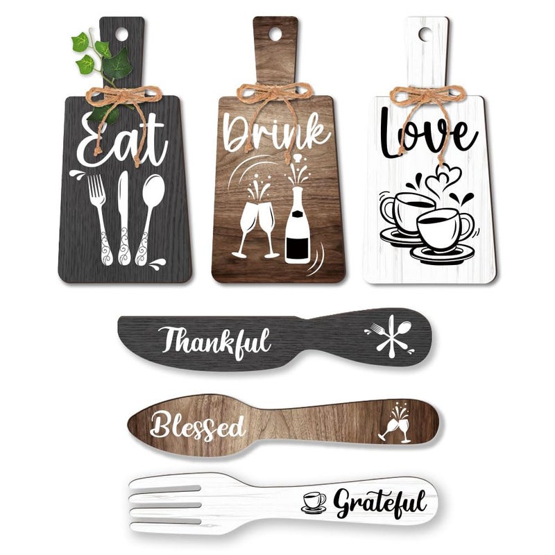 PH PandaHall 6pcs Kitchen Wall Decor Start Drink Sign Set Wood Pendant Accessories Mini Wood Plaque Fork and Spoon Shape Decorations Rustic Style Home Dector Black Brown White 11x5.5 inch/11.8x2 inch - Image 1