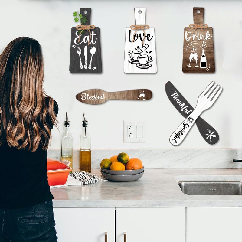 PH PandaHall 6pcs Kitchen Wall Decor Start Drink Sign Set Wood Pendant Accessories Mini Wood Plaque Fork and Spoon Shape Decorations Rustic Style Home Dector Black Brown White 11x5.5 inch/11.8x2 inch - Image 5