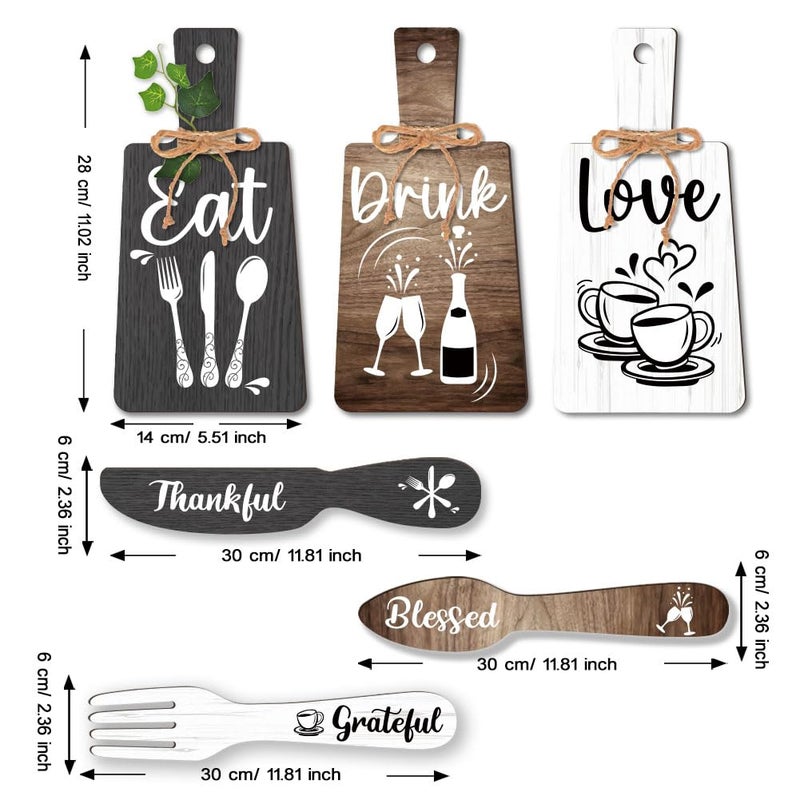 PH PandaHall 6pcs Kitchen Wall Decor Start Drink Sign Set Wood Pendant Accessories Mini Wood Plaque Fork and Spoon Shape Decorations Rustic Style Home Dector Black Brown White 11x5.5 inch/11.8x2 inch - Image 2