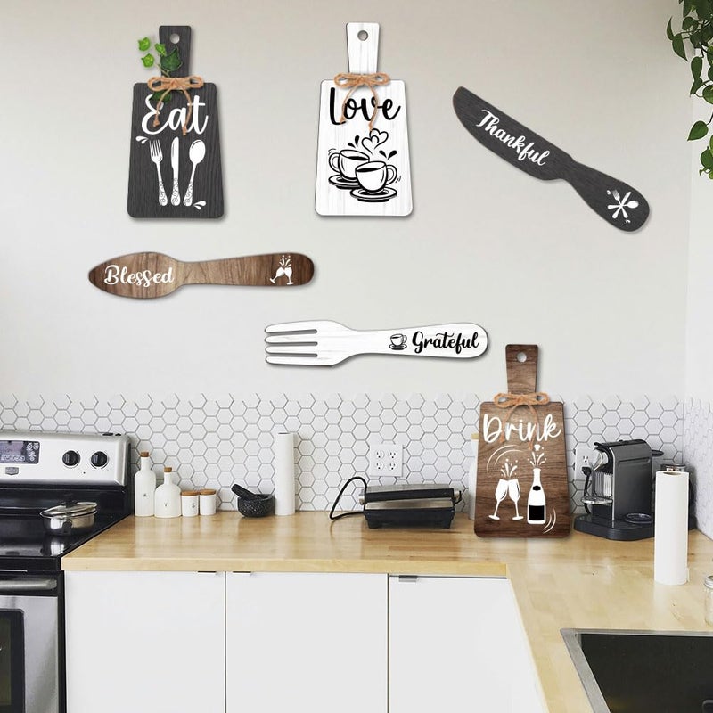 PH PandaHall 6pcs Kitchen Wall Decor Start Drink Sign Set Wood Pendant Accessories Mini Wood Plaque Fork and Spoon Shape Decorations Rustic Style Home Dector Black Brown White 11x5.5 inch/11.8x2 inch - Image 4