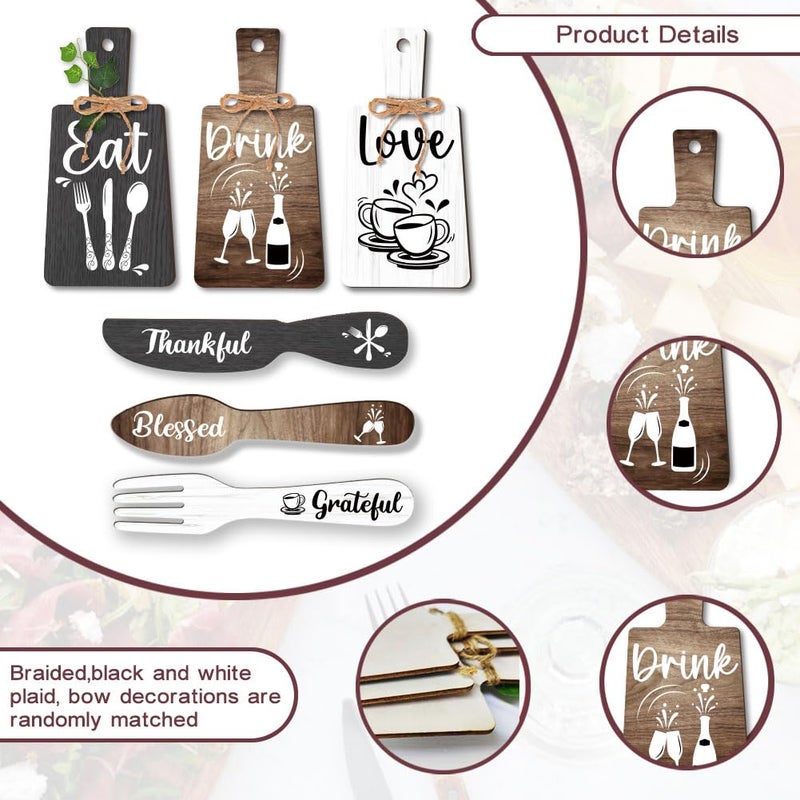 PH PandaHall 6pcs Kitchen Wall Decor Start Drink Sign Set Wood Pendant Accessories Mini Wood Plaque Fork and Spoon Shape Decorations Rustic Style Home Dector Black Brown White 11x5.5 inch/11.8x2 inch - Image 3