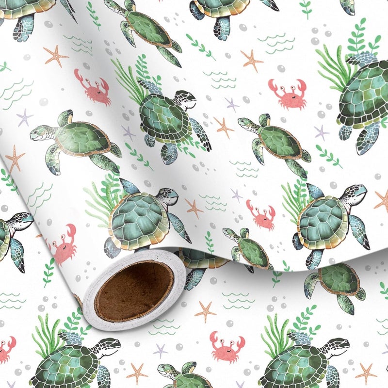 LeZakaa Ocean Sea Turtle Wrapping Paper Roll for Boys Girls Kids, Green Sea Turtle with Seaweed, Crabs, Starfish, Underwater Design for Birthday, Baby Shower Party, Mini Roll, 17 inches x 16.4 Feet - Image 1