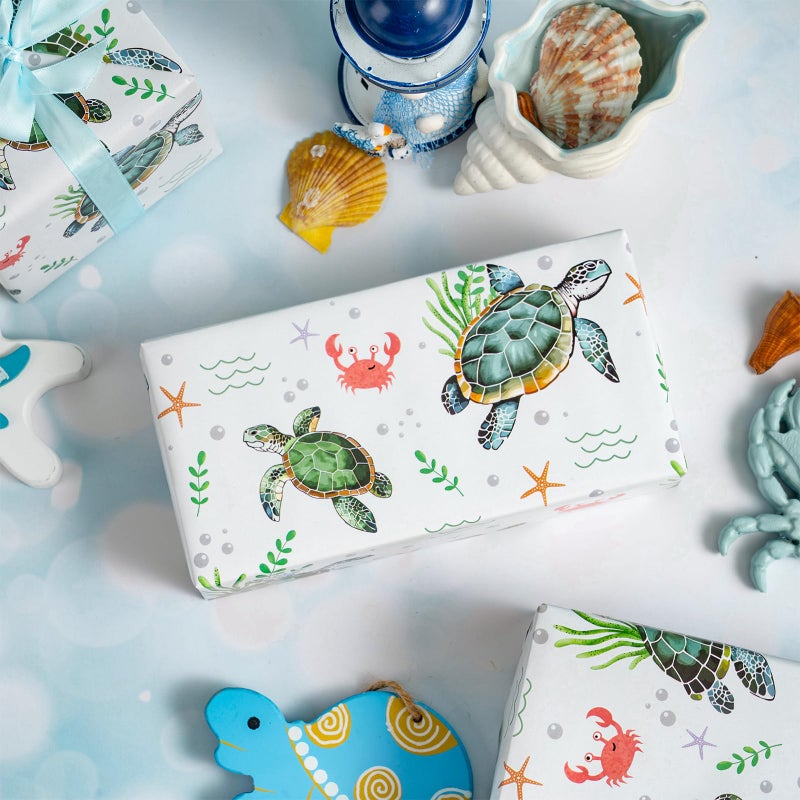 LeZakaa Ocean Sea Turtle Wrapping Paper Roll for Boys Girls Kids, Green Sea Turtle with Seaweed, Crabs, Starfish, Underwater Design for Birthday, Baby Shower Party, Mini Roll, 17 inches x 16.4 Feet - Image 4