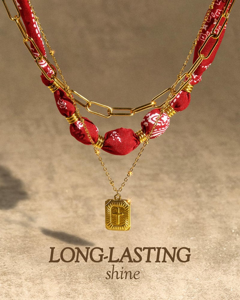 DoDoBeads Layered Scarf Necklace for Women â€“ Red Bandana Satin with Gold Paperclip Chain, Rectangular Medallion Pendant, Adjustable Extender Choker/Necklace, Fashion Jewelry Gift - Image 5
