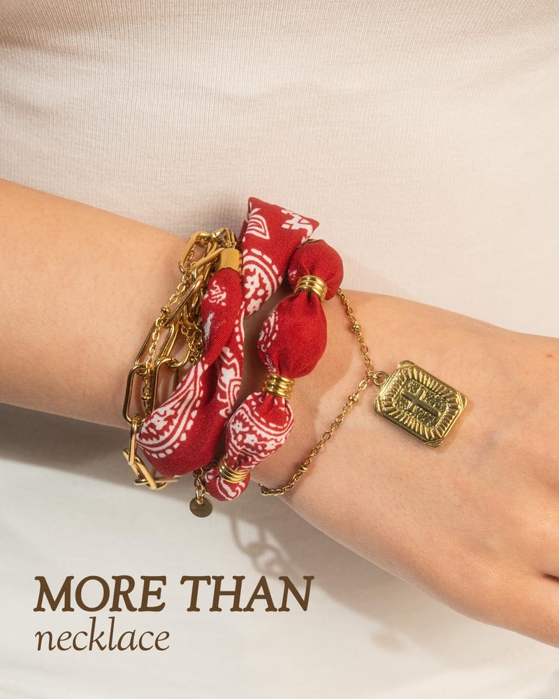 DoDoBeads Layered Scarf Necklace for Women â€“ Red Bandana Satin with Gold Paperclip Chain, Rectangular Medallion Pendant, Adjustable Extender Choker/Necklace, Fashion Jewelry Gift - Image 3