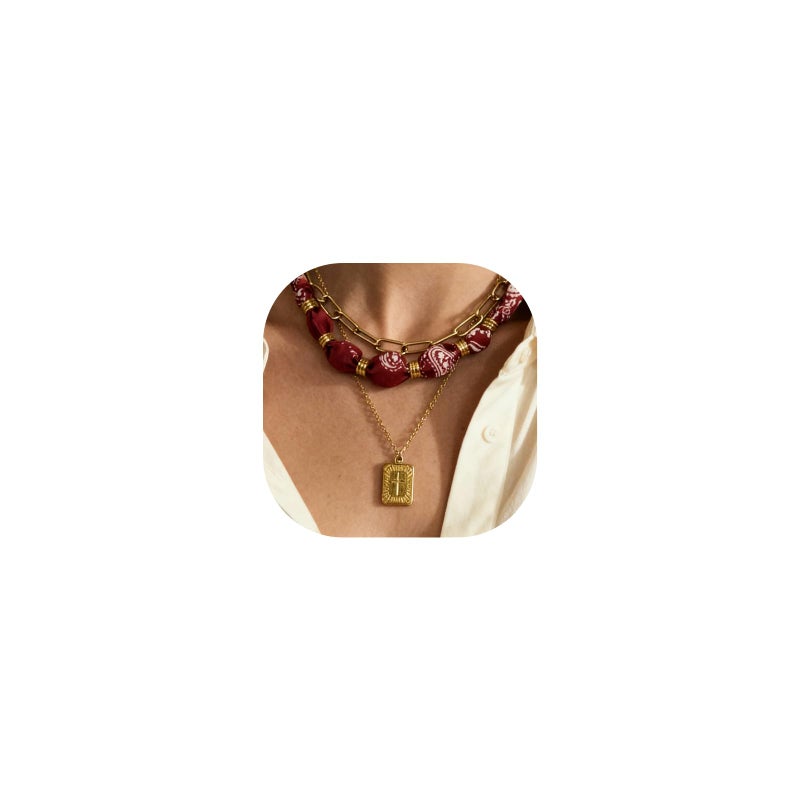 DoDoBeads Layered Scarf Necklace for Women â€“ Red Bandana Satin with Gold Paperclip Chain, Rectangular Medallion Pendant, Adjustable Extender Choker/Necklace, Fashion Jewelry Gift - Image 1