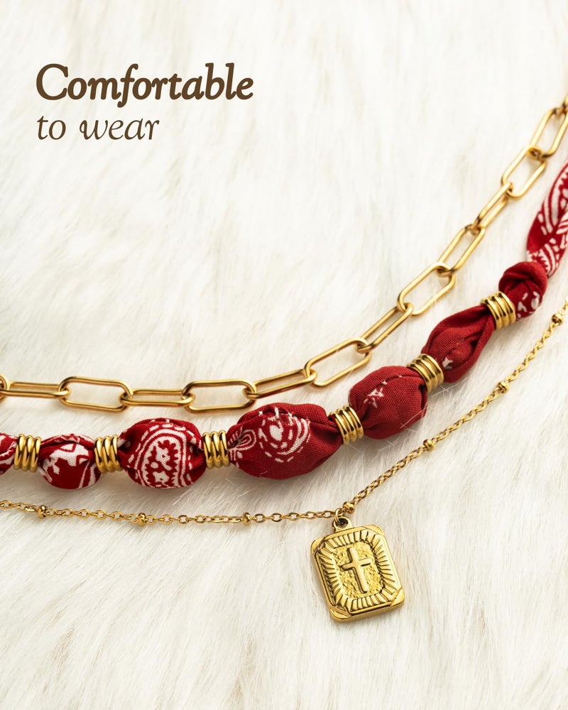 DoDoBeads Layered Scarf Necklace for Women â€“ Red Bandana Satin with Gold Paperclip Chain, Rectangular Medallion Pendant, Adjustable Extender Choker/Necklace, Fashion Jewelry Gift - Image 4